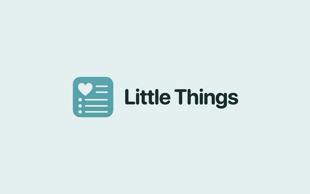 Little Things’ teal heart-and-notebook logo beside its name on a pale teal background.